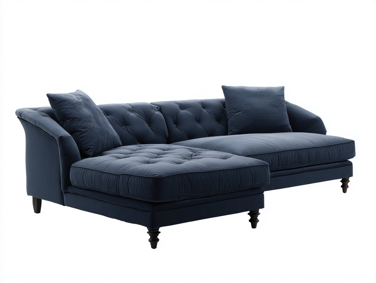 Canapé d'angle en tissu effet velours 285 x 185 x 85 cm - Bleu marine - Assise capitonnée et style classique pour salon