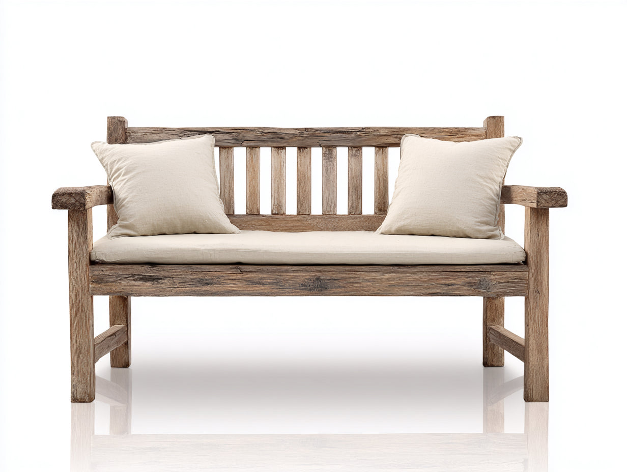 Banc de jardin en bois brun vieilli 150 x 65 x 86 cm - coussin beige - style rustique