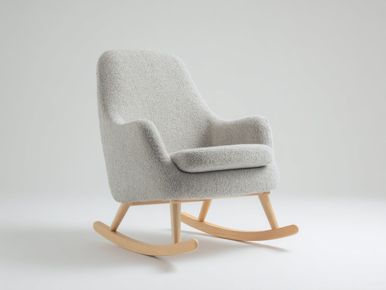 Fauteuil à bascule en tissu bouclé 76 x 84 x 96 cm - Gris clair et bois naturel - Dossier haut et assise rembourrée pour salon