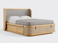Lit double en bois et cannage 220 x 180 x 125 cm - Bois naturel et beige - Rangements intégrés pour chambre