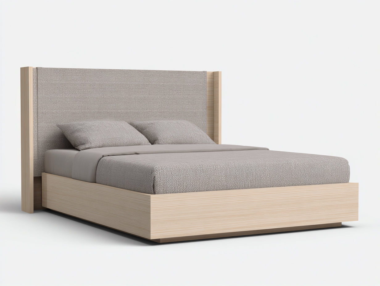 Lit double en bois avec tête de lit en tissu 210x170x115 cm - bois naturel et beige grège - style moderne pour chambre
