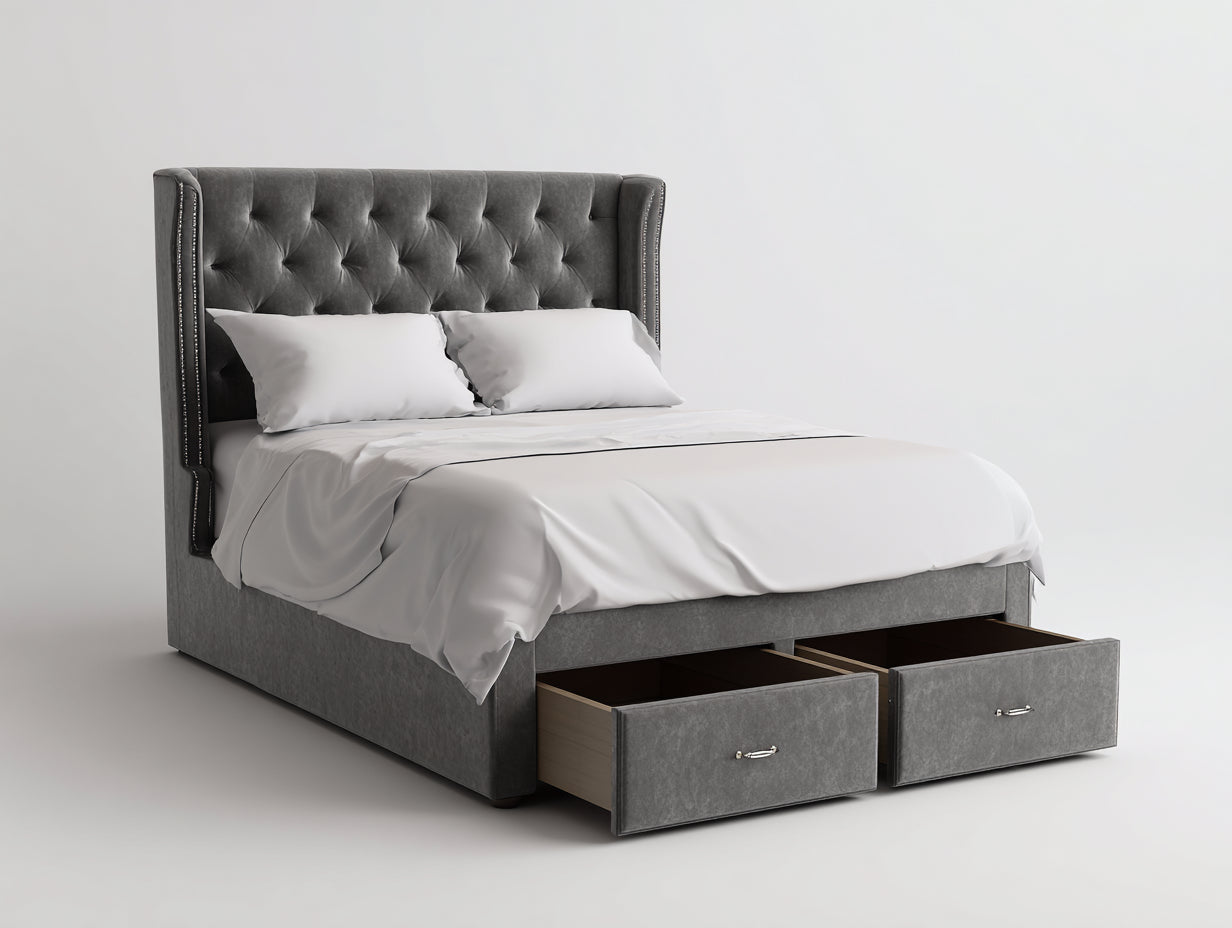 Lit double rembourré en tissu 220 x 170 x 135 cm - Gris - Tête de lit capitonnée et 2 tiroirs de rangement pour chambre