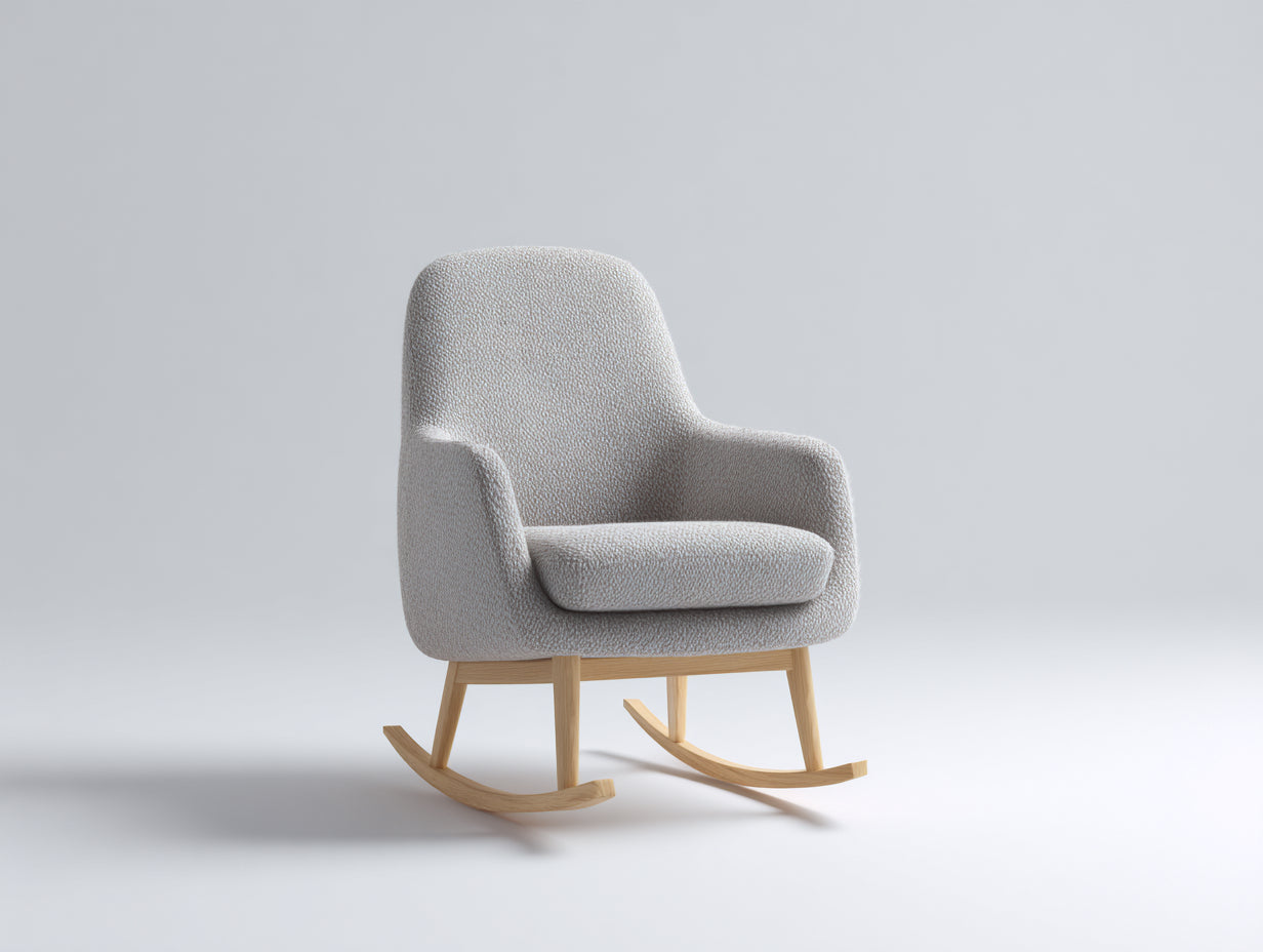 Fauteuil à bascule en tissu bouclé et bois 78x72x92 cm - gris clair et bois naturel - style scandinave compact