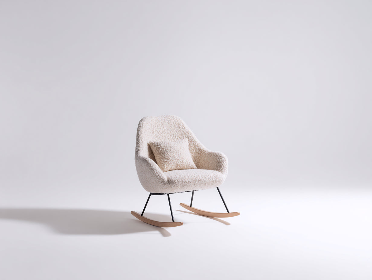 Fauteuil à bascule en tissu bouclé et bois 76x70x88 cm - crème bois naturel et noir - style moderne compact