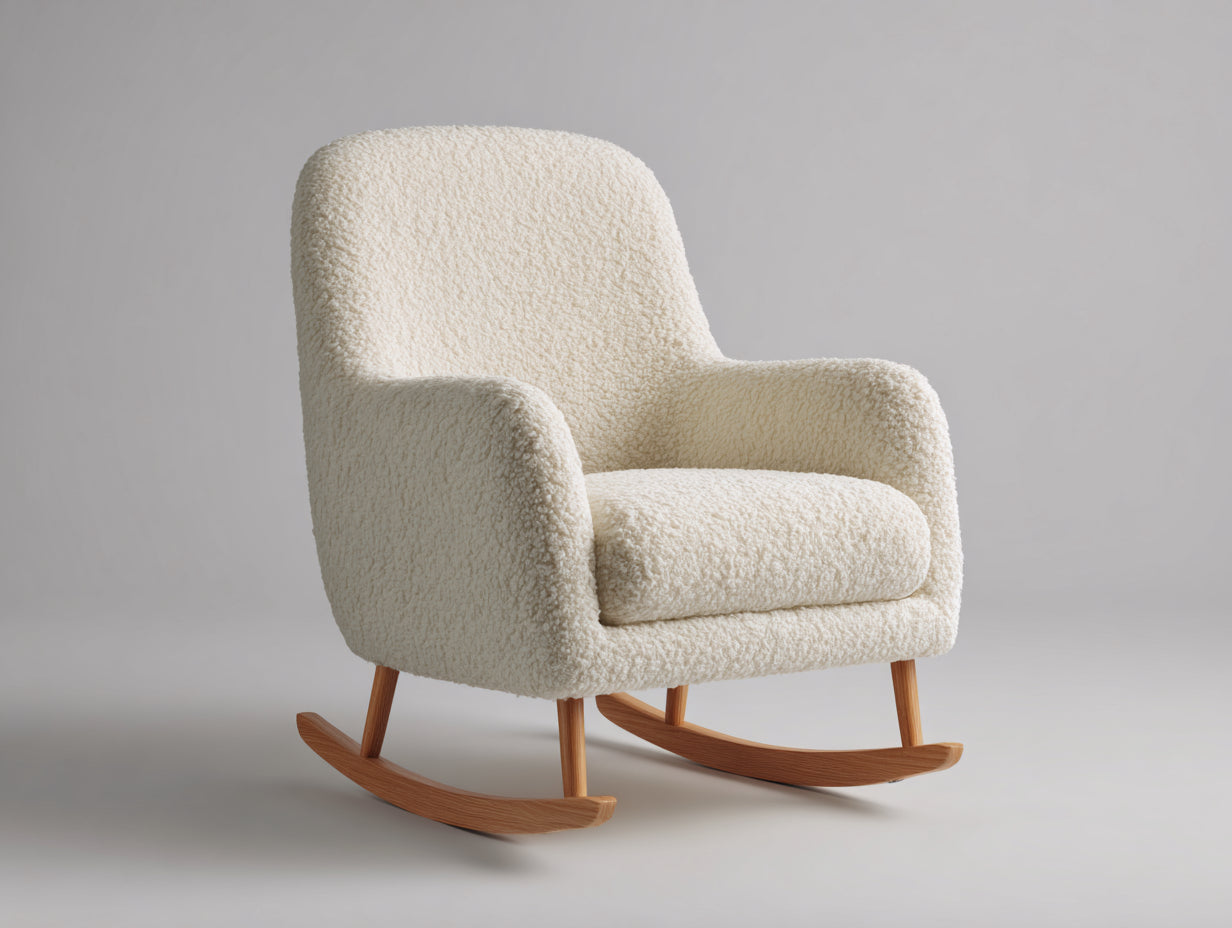Fauteuil à bascule en tissu bouclé 78 x 88 x 98 cm - Blanc cassé et bois naturel - Assise rembourrée pour salon