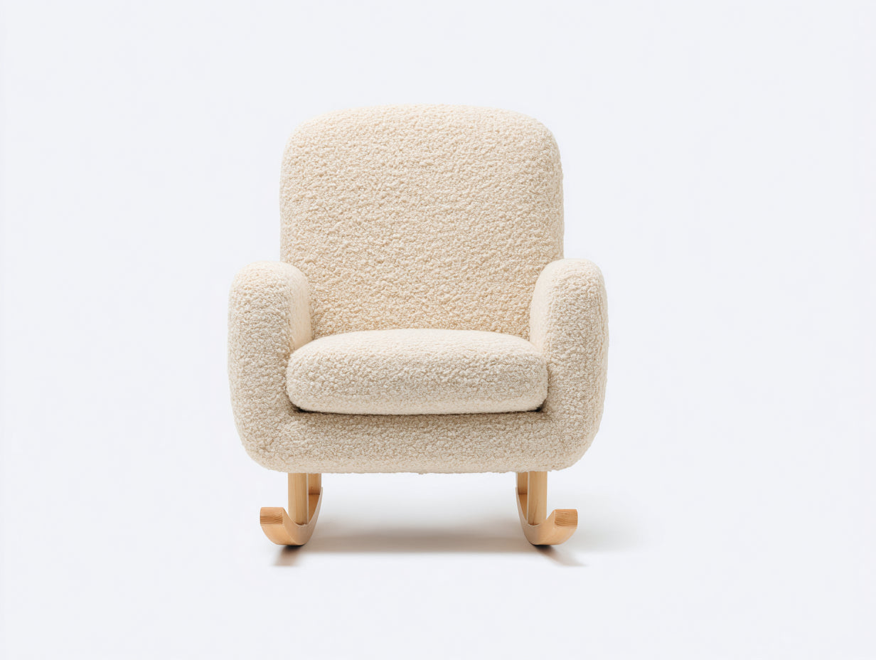 Fauteuil à bascule en tissu bouclé et bois 78x72x92 cm - crème et bois naturel - style contemporain