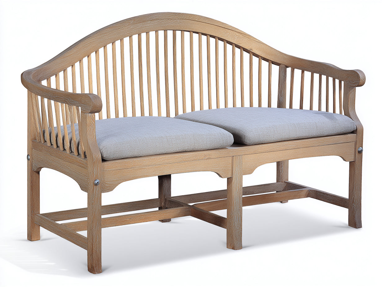 Banc de jardin en bois avec coussins 160x65x96 cm - bois naturel et gris - dossier galbé à lattes pour terrasse
