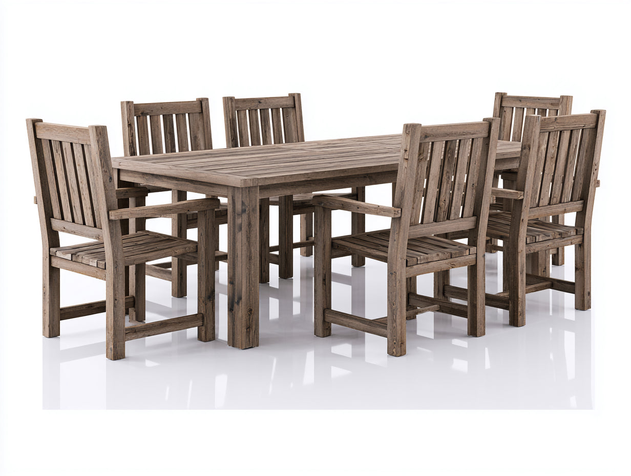Salon de jardin repas en bois vieilli 180x90x75 cm - bois naturel vieilli - table rectangulaire avec 6 chaises