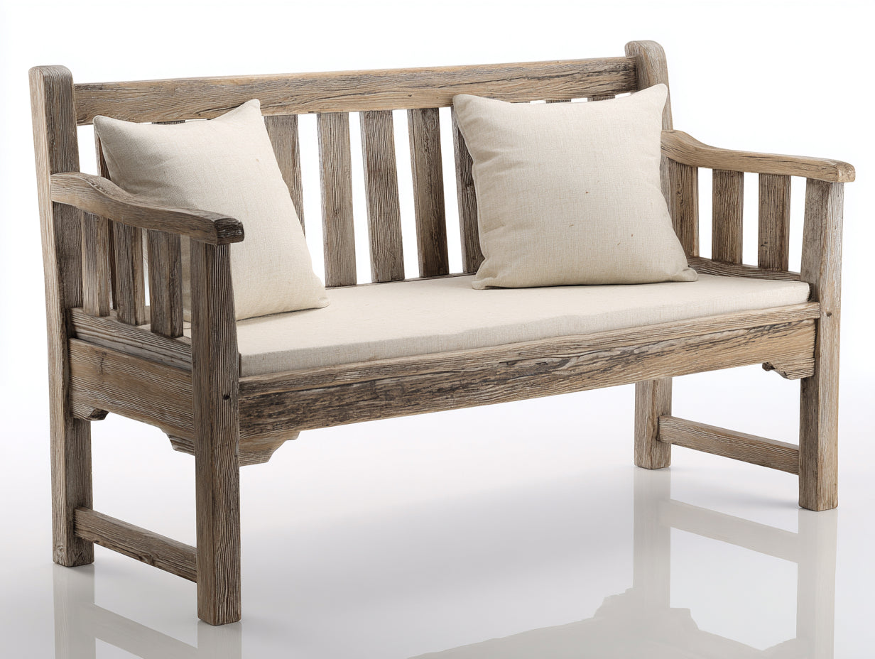 Banc de jardin en bois 140 x 65 x 88 cm - Bois vieilli et beige - Dossier à lattes et accoudoirs pour extérieur