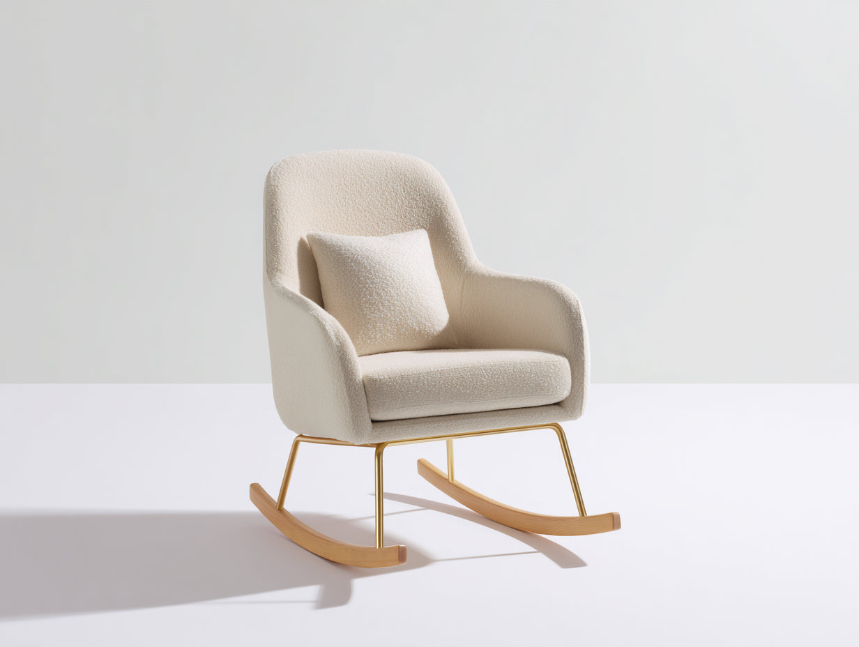 Fauteuil à bascule en tissu bouclé 75 x 85 x 95 cm - Blanc cassé et doré - Patins en bois et design moderne pour salon