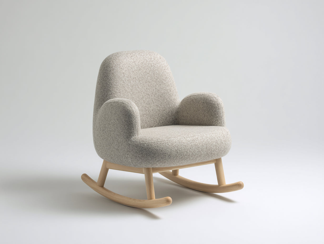 Fauteuil à bascule en tissu bouclé 72x88x95 cm - gris beige et bois naturel - style doux pour chambre