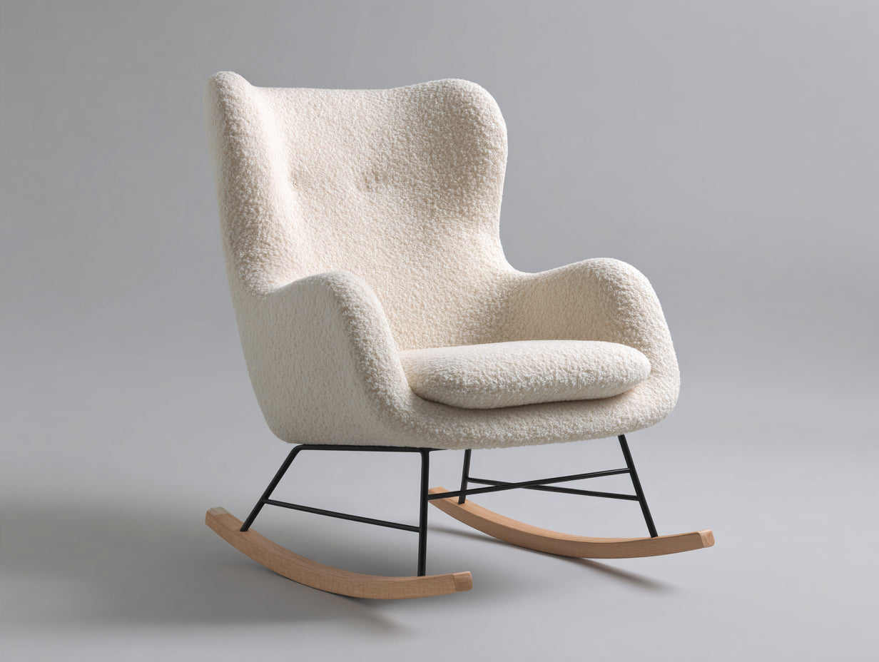 Fauteuil à bascule en tissu bouclé et bois 85x75x100 cm - crème bois naturel et noir - style contemporain