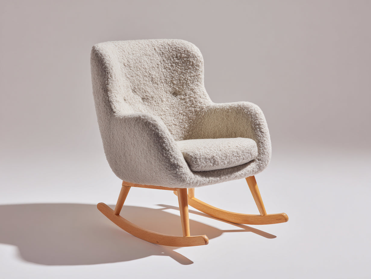 Fauteuil à bascule en tissu bouclé 76 x 78 x 98 cm - beige et bois naturel - dossier haut