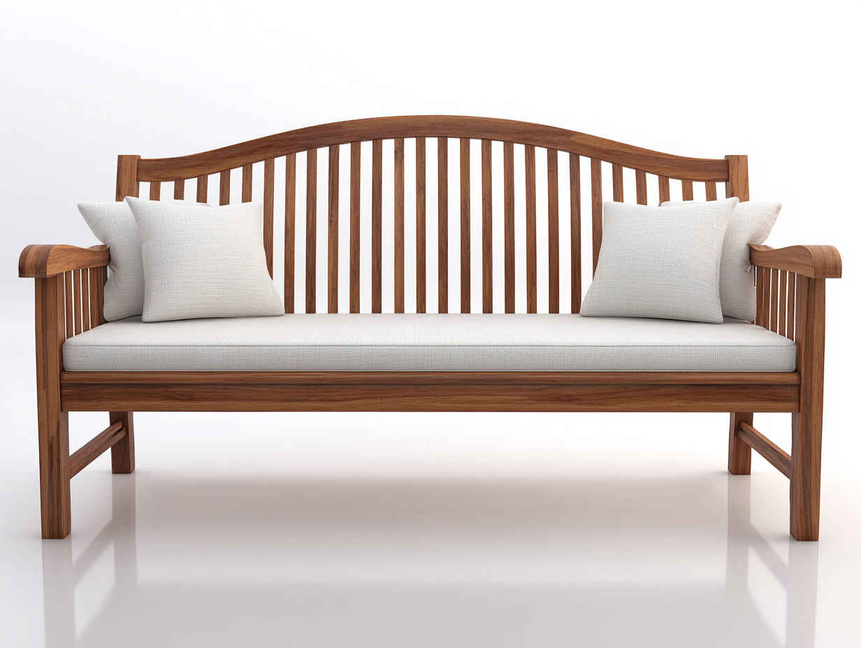 Banc de jardin en bois brun 160 x 65 x 95 cm - coussin beige - dossier à lattes courbé