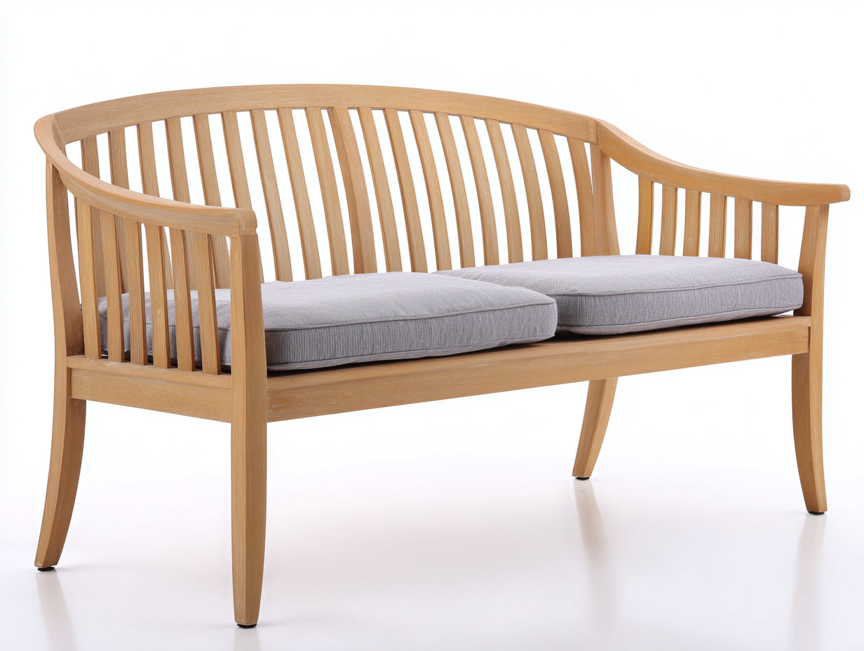 Banc de jardin en bois avec coussins 160x62x85 cm - bois naturel et gris - dossier courbé pour terrasse