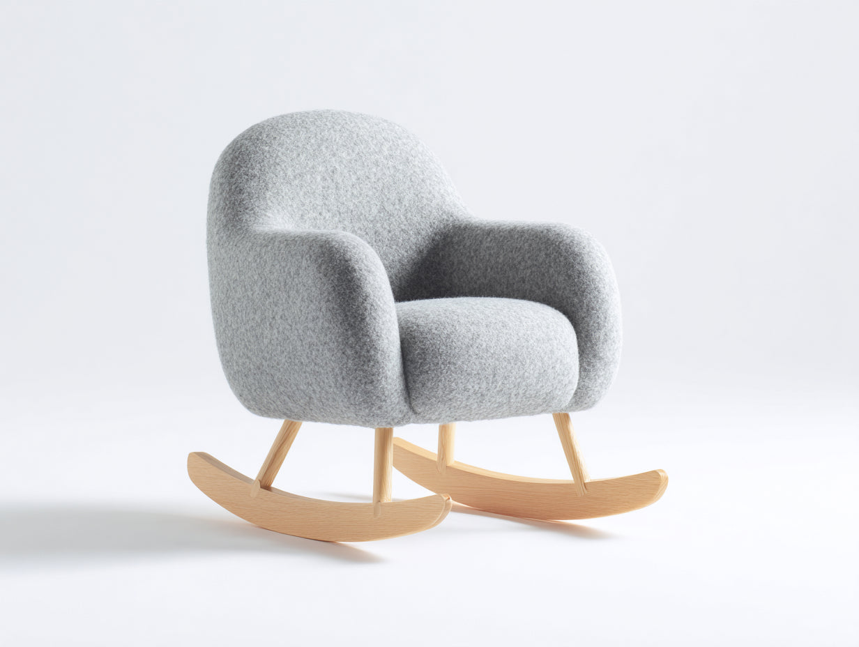 Fauteuil à bascule en tissu bouclé 75 x 77 x 90 cm - gris clair et bois naturel - accoudoirs arrondis