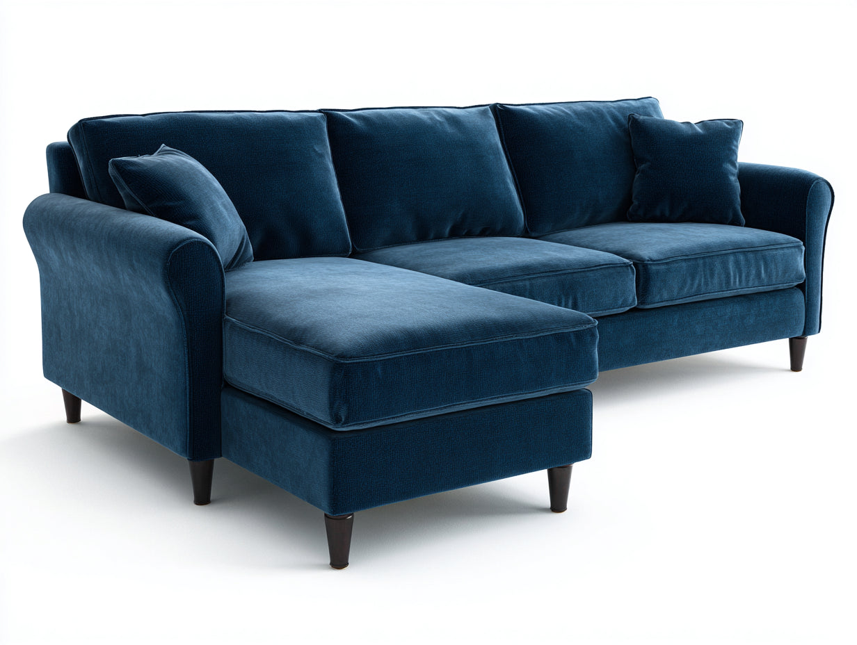 Canapé d'angle en tissu effet velours 270 x 170 x 86 cm - bleu pétrole - accoudoirs arrondis