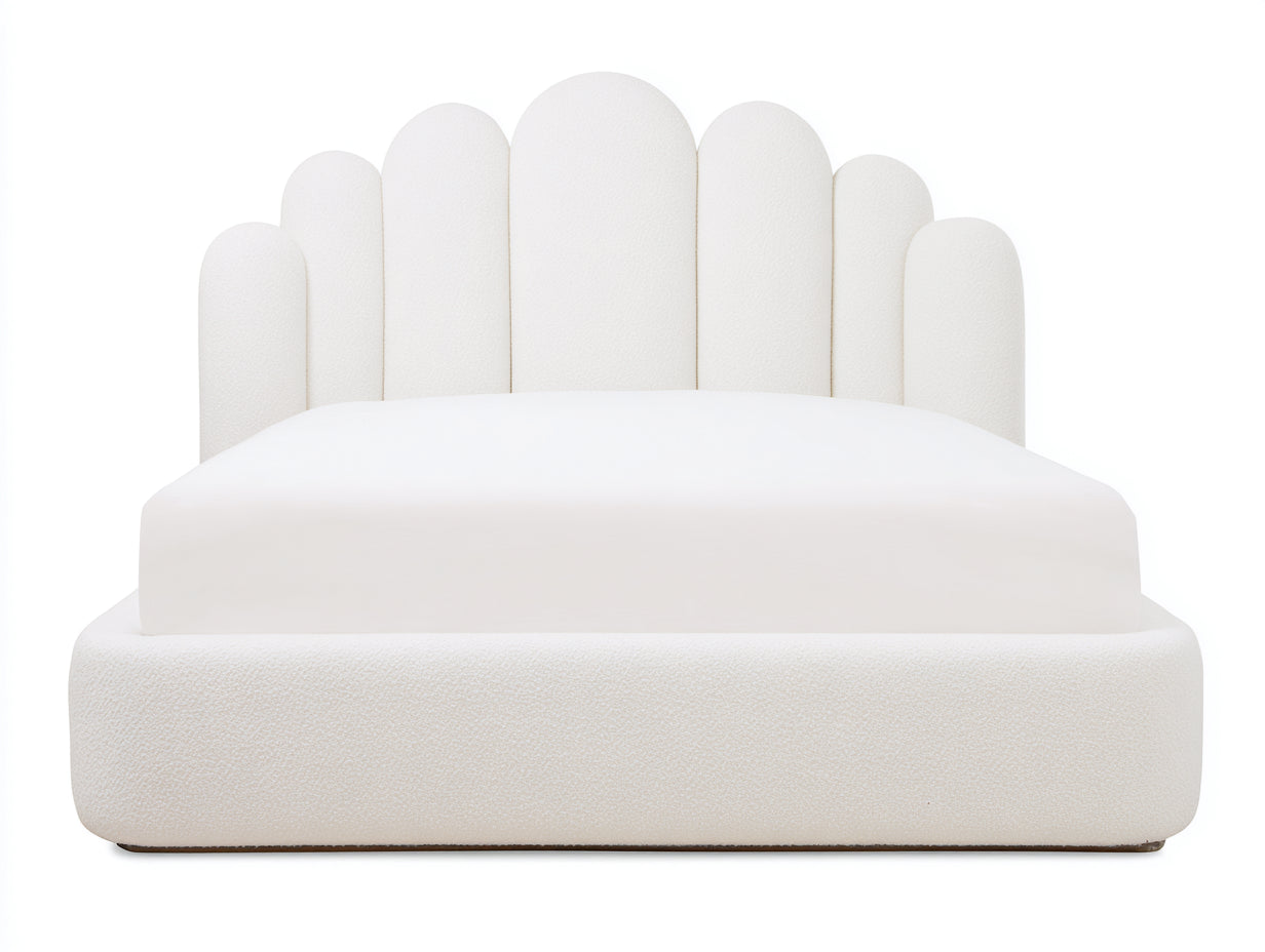 Lit double rembourré en tissu bouclé 220 x 185 x 125 cm - Blanc cassé - Tête de lit festonnée pour chambre