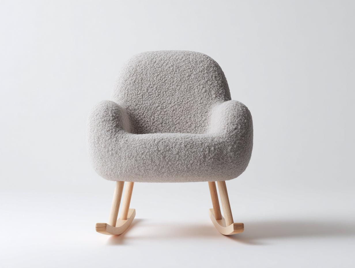 Fauteuil à bascule en tissu bouclé 70x72x80 cm - Gris clair-Bois naturel - Style scandinave