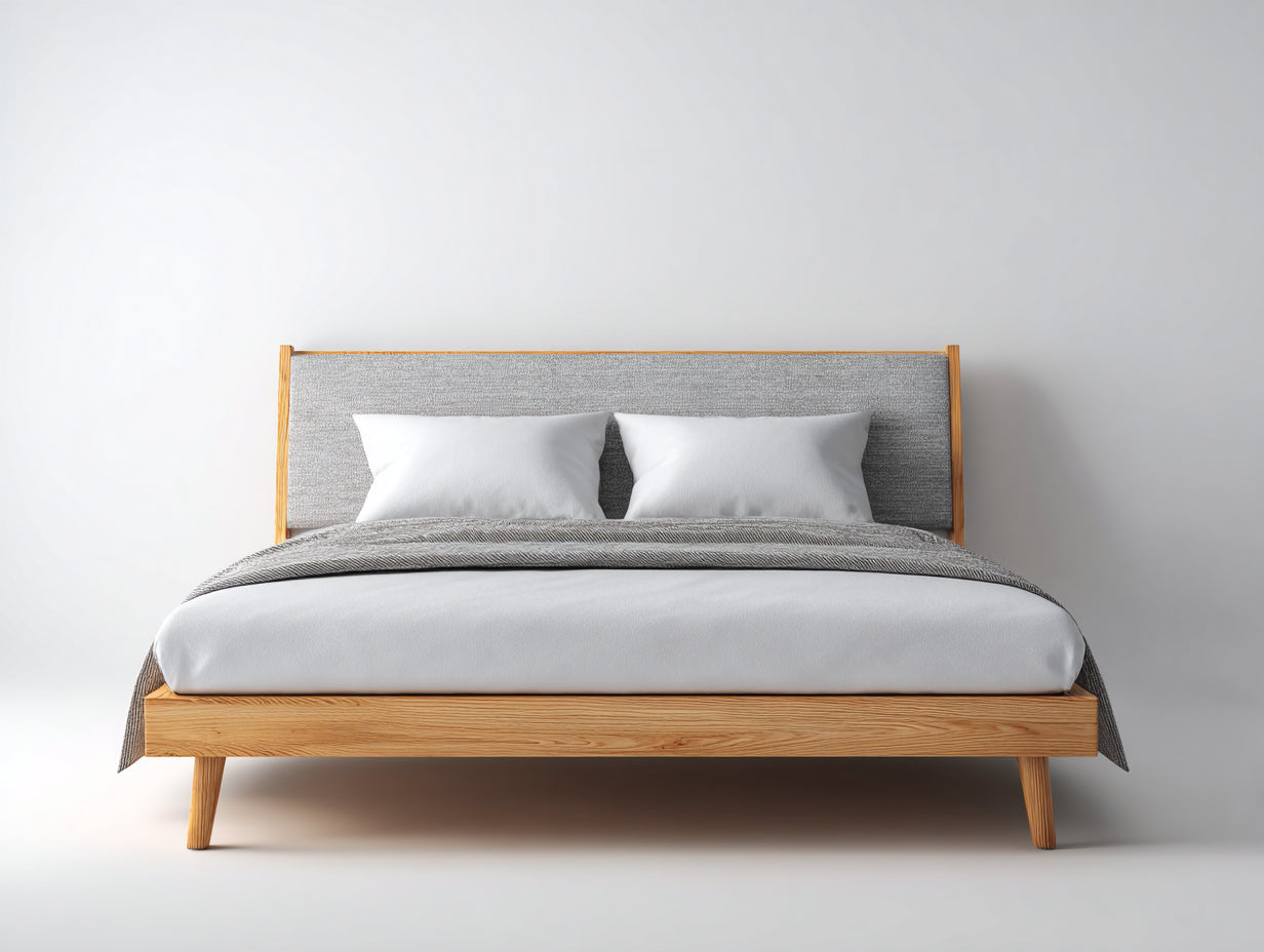 Lit double en bois naturel 210 x 170 x 95 cm - gris clair et bois - tête de lit rembourrée